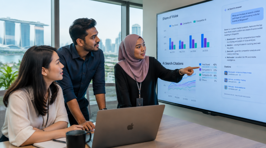 Singapore marketing team reviewing an AI search citation dashboard for Microsoft Copilot optimisation