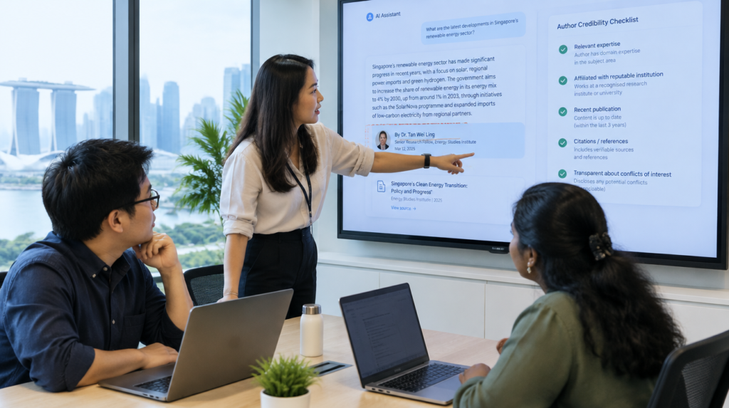 Singapore marketing team reviewing AI search author credibility signals