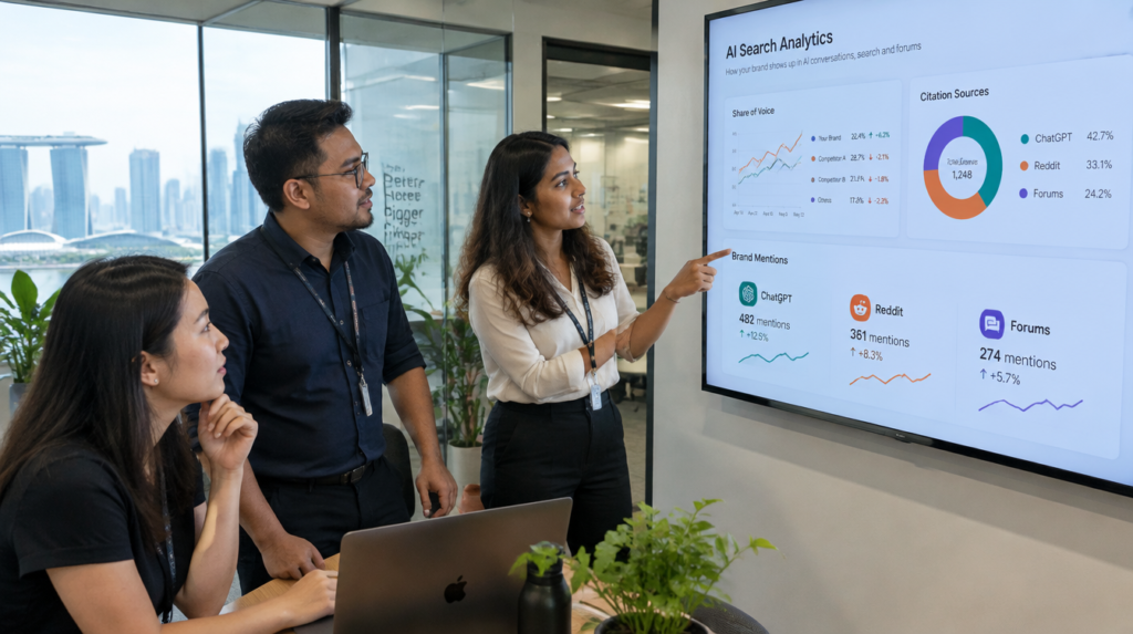 Singapore marketing team reviewing AI search citation sources on a dashboard screen