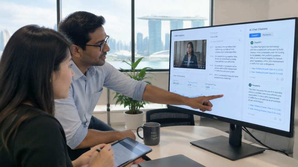 YouTube video content being reviewed alongside AI chatbot citation results in a Singapore office